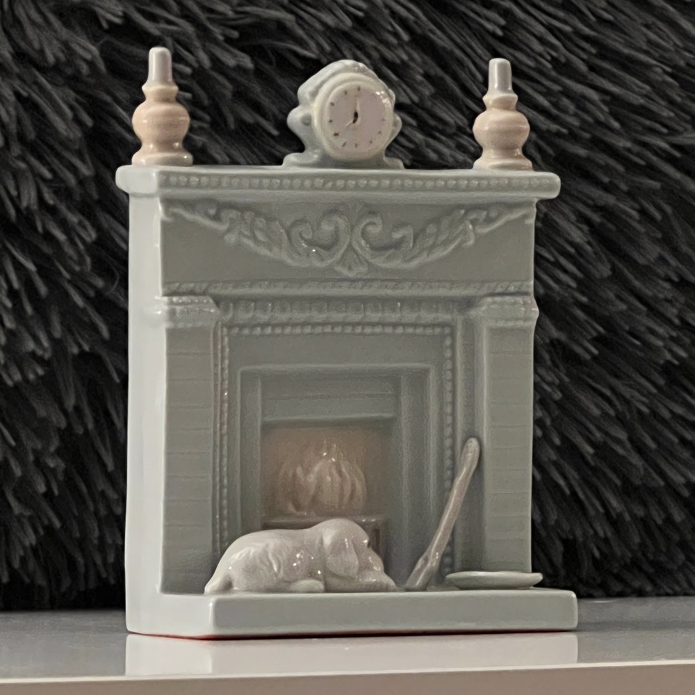 VINTAGE Miniature doll house porcelain fireplace and puppy with a stick